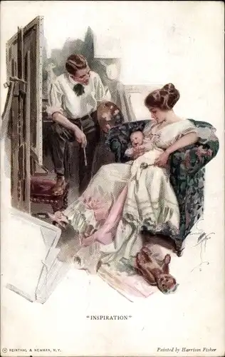 Künstler Ak Fisher, Harrison, Inspiration, Mutter mit Kind, Maler, Teddybär