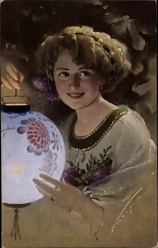 Künstler Ak Fireflies, Portrait einer Frau mit Lampion in der Hand, Novitas 15662