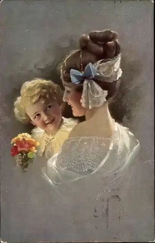 Künstler Ak Junge Frau mit Kind auf dem Arm, Blumenstrauß, Novitas