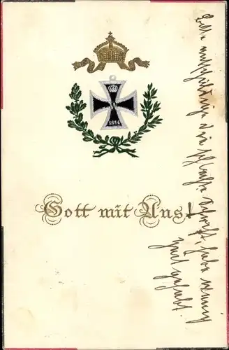 Präge Ak Gott mit Uns, Eisernes Kreuz 1914, Krone, Kranz aus Eichenlaub und Lorbeer
