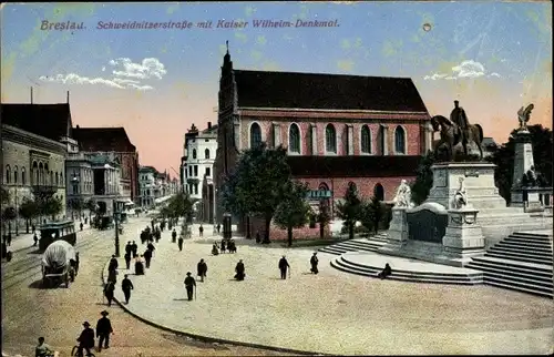 Ak Wrocław Breslau Schlesien, Schweidnitzer Straße mit Kaiser Wilhelm Denkmal, Straßenbahn
