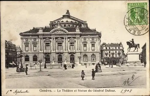 Ak Genève Genf Schweiz, Le Théâtre et Statue du Général Dufour