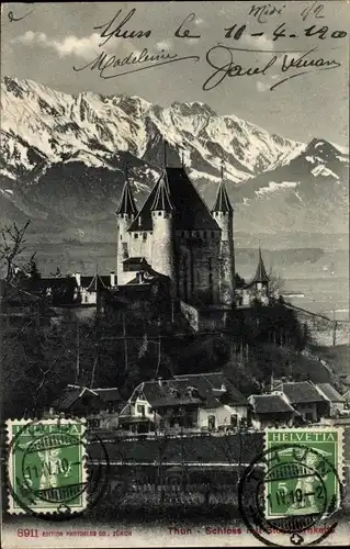 Ak Thun Kanton Bern Schweiz, Schloss, Gebirgskette