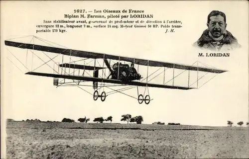 Ak Les Oiseaux de France, Biplan H. Farman, pilote par Loridan, Flugpionier