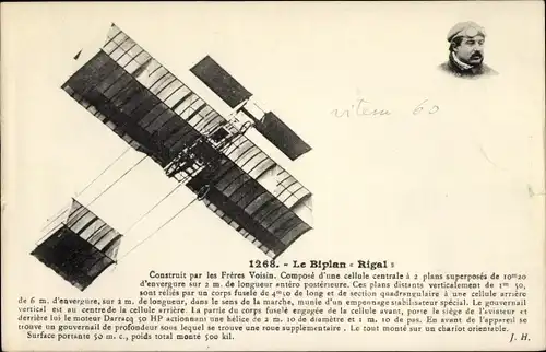 Ak Biplan Rigal, Doppeldecker, Flugpionier