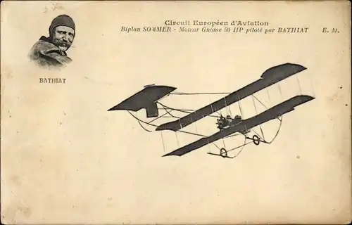 Ak Biplan Sommer, pilote par Bathiat, Circuit Europeen d'Aviation, Doppeldecker, Flugpionier