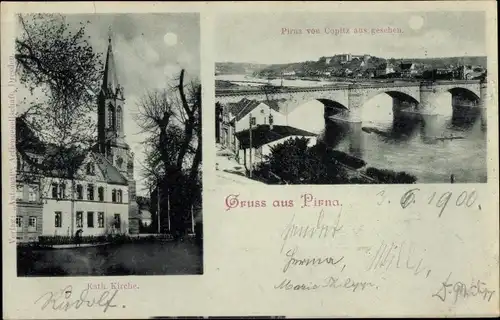 Mondschein Ak Pirna an der Elbe, Stadt von Copitz aus gesehen, Kath. Kirche