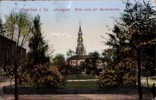 Ak Zwickau Sachsen, Partie am Albertplatz, Marienkirche