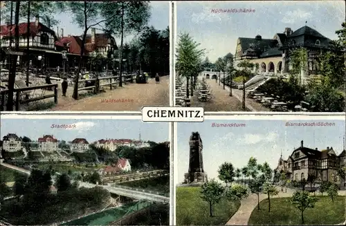 Ak Chemnitz in Sachsen, Stadtpark, Bismarckturm, Bismarckschlösschen, Küchwaldschänke