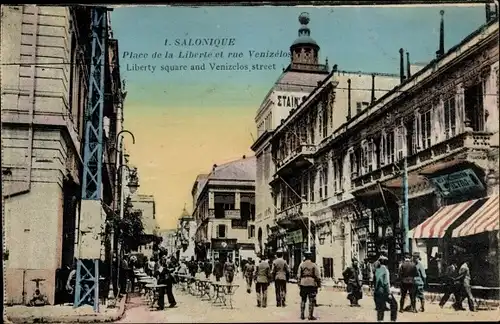 Ak Saloniki Griechenland, Place de la Liberte et rue Venizelos