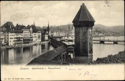 Ak Luzern Stadt, Blick auf die Kapellbrücke und Wasserturm, Kirche