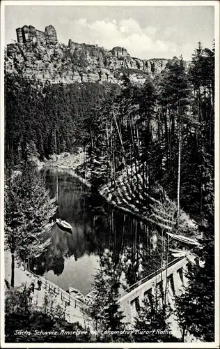 Ak Rathen an der Elbe Sächsische Schweiz, Amselsee mit Lokomotive