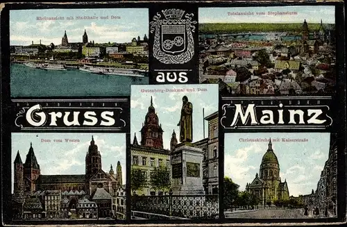 Ak Mainz am Rhein, Gutenberg-Denkmal und Dom, Dom vom Westen, Christuskirche, Stadthalle