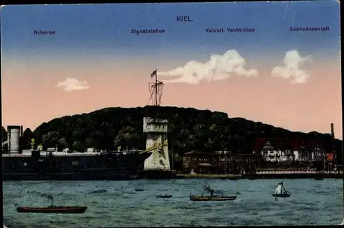 Ak Kiel in Schleswig Holstein, Teilansicht, Acheron, Signalstation, Kaiserl. Yacht Klub, Seebadeanst