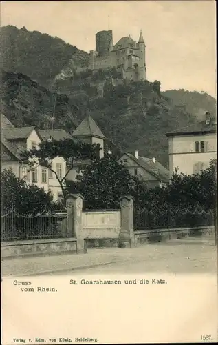 Ak St. Goarshausen im Rhein Lahn Kreis, Burg Katz, Wohnhäuser, Berg