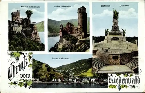 Ak Rüdesheim, Niederwald Nationaldenkmal, Ruine Ehrenfels, Schloss Rheinstein, Assmannshausen