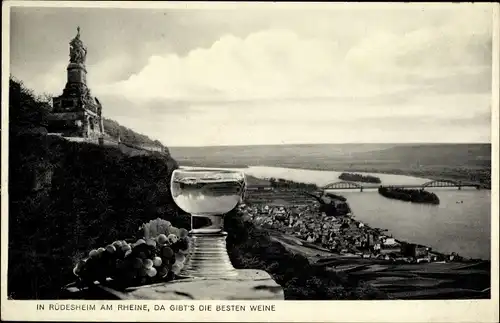 Ak Rüdesheim am Rhein, Niederwald Nationaldenkmal, Panorama, Weinglas