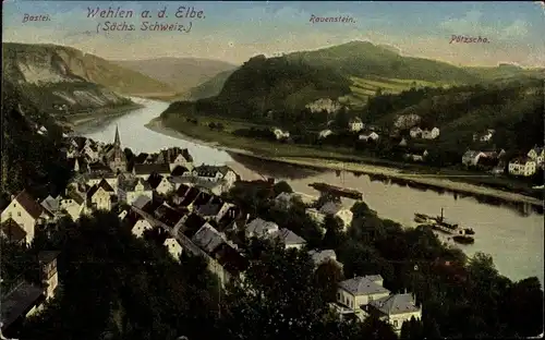 Ak Wehlen an der Elbe Sachsen, Totalansicht der Ortschaft, Pötzscha, Bastei, Rauenstein,Salondampfer