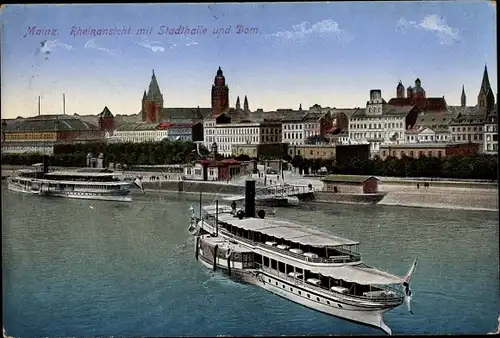 Ak Mainz am Rhein, Rheinansicht mit Stadthalle und Dom, Schiff