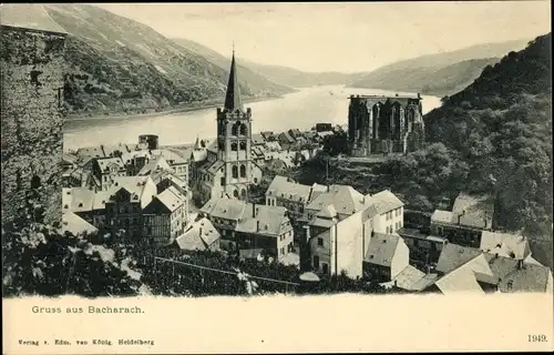 Ak Bacharach am Rhein im Kreis Mainz Bingen, Totalansicht der Ortschaft, Wernerkapelle