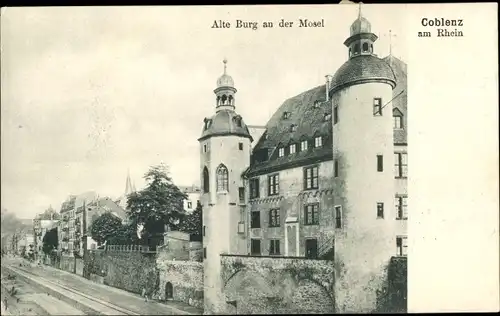 Ak Koblenz in Rheinland Pfalz, Alte Burg an der Mosel, Teilansicht, Gleis