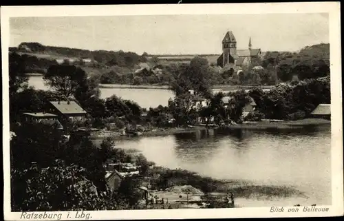 Ak Ratzeburg Herzogtum Lauenburg, Blick von Bellevue, Kirche