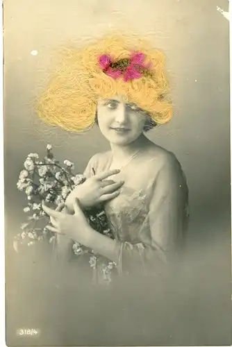 Echthaar Ak Portrait einer Frau, Blumen