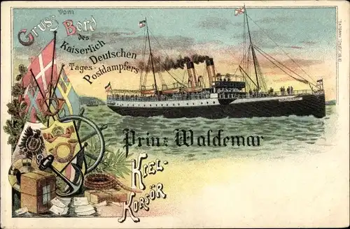 Litho Kaiserlich Deutscher Tages Postdampfer Prinz Waldemar, NDL, Linie Kiel Korsör