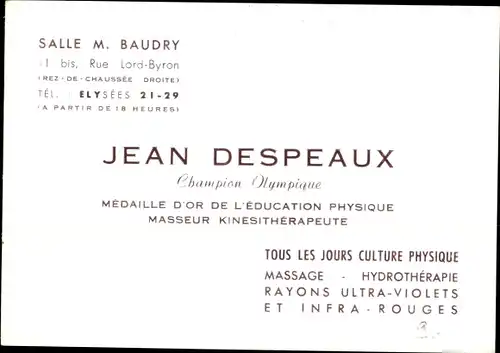 Ak Olympische Spiele 1936, Jean Despeaux, Masseur Kinesitherapeute, Reklame