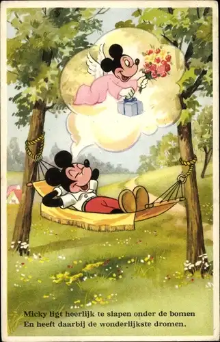 Künstler Ak Walt Disney, Mickey Mouse, Micky Maus träumt in einer Hängematte