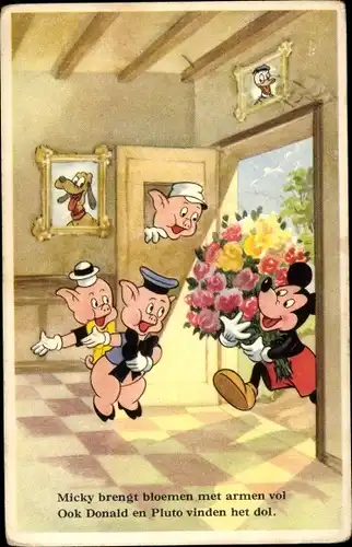 Künstler Ak Walt Disney, Mickey Mouse, Micky Maus, Blumen, Drei kleine Schweinchen