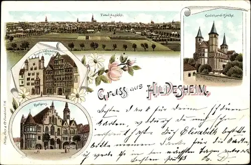 Litho Hildesheim in Niedersachsen, Templer & Wiedekinds Haus, Rathaus, Basilika St. Godehard