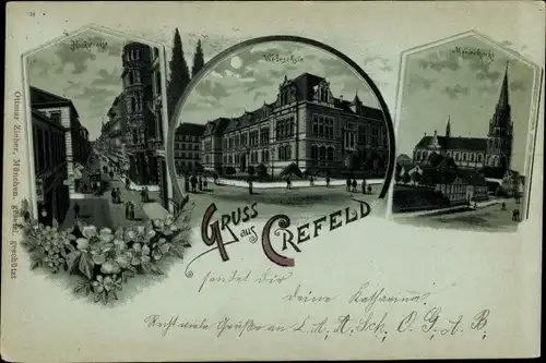 Mondschein Litho Krefeld am Niederrhein, Marienkirche, Webeschule, Straßenansicht