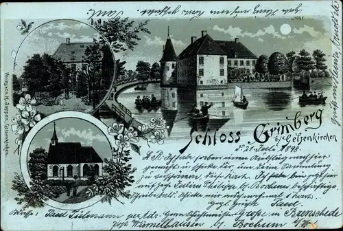 Mondschein Litho Gelsenkirchen im Ruhrgebiet, Blick auf das Schloss Grimberg, Kirche