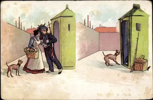 Litho Liebespaar, Mann in Uniform und eine Frau, Korb, Hund, Bajonett