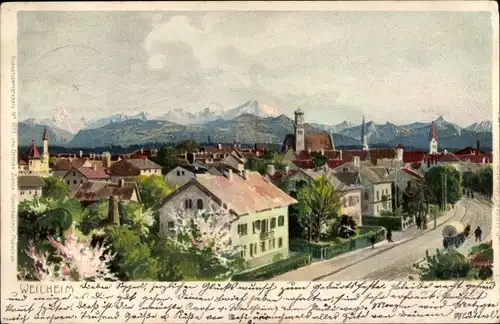 Künstler Litho Weilheim Oberbayern, Blick auf den Ort