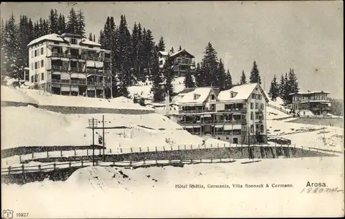 Ak Arosa Kanton Graubünden Schweiz, Hotel Rhätia, Germania, Villa Sonneck und Cormann