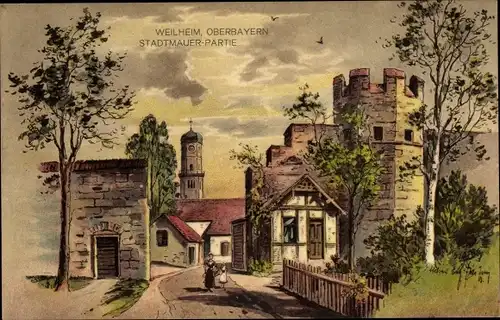 Künstler Ak Weilheim Oberbayern, Stadtmauer-Partie