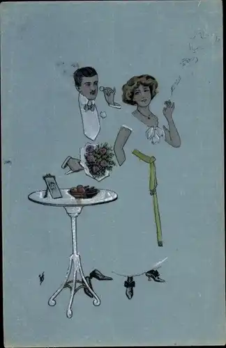 Ak Liebespaar, Tisch, Blumenstrauß, Rauchende Frau