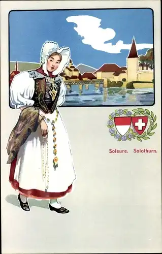 Wappen Ak Solothurn Stadt Schweiz, Stadtansicht, Brücke, Frau in schweizerischen Trachten