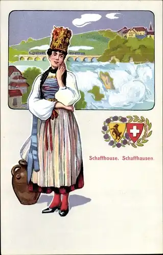 Wappen Ak Schaffhausen am Rhein Schweiz, Frau in schweizerischen Trachten, Wasserfall