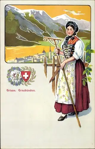 Wappen Ak Kanton Graubünden, Schweizer Tracht, Harke