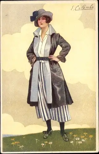 Künstler Ak Colombo, E., Frau in modischem Kleid, Mantel,  Hut