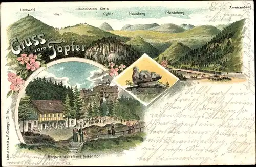 Litho Oybin in Sachsen, Töpfer, Brütende Henne, Bergwirtschaft mit Felsentor, Pferdeberg, Hausberg