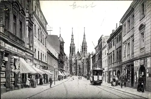 Ak Legnica Liegnitz Schlesien, Goldberger Straße, Straßenbahn, Geschäfte