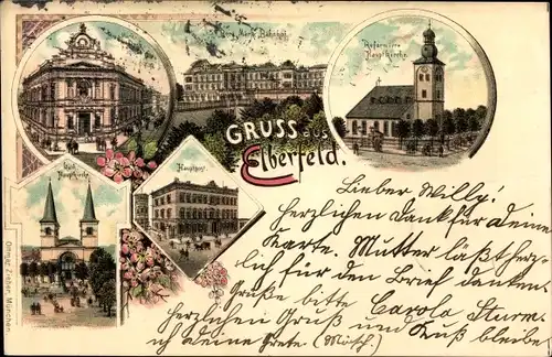 Litho Elberfeld Wuppertal, Ref. Hauptkirche, Bahnhof, Kath. Hauptkirche, Hauptpost