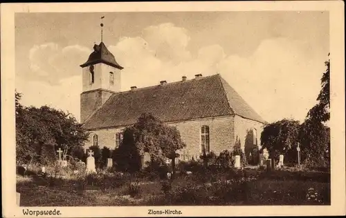 Ak Worpswede in Niedersachsen, Zionskirche, Friedhof