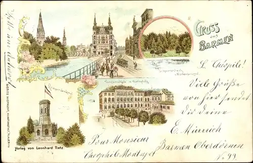 Litho Barmen Wuppertal, Kriegerdenkmal, Töchterschule, Schwanenteich, Stadtansicht