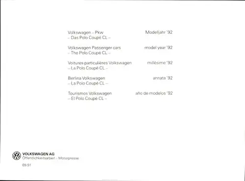 Foto Volkswagen PKW, VW Polo Coupé CL, Modelljahr 1992, Kennzeichen WOB-CL 879