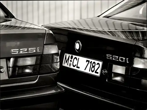 Foto BMW 5er-Reihe, BMW 520i und 525i mit Vierventiltechnik, Heck, Kennzeichen M-CL 7182, Werkfoto